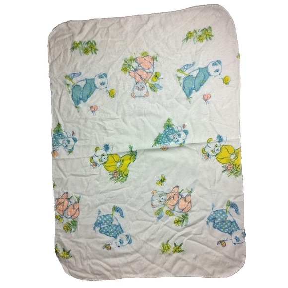 Beacon Other - Vintage Fuzzy Baby Bear Receiving Blanket Blue Yellow Pink Beacon? White SOFT